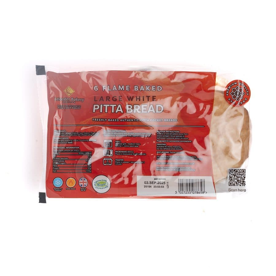 6 flame-baked large white pitta bread pack